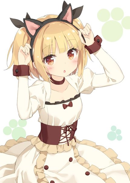 Anime picture 686x960 with new game! doga kobo iijima yun kani biimu single tall image looking at viewer blush fringe short hair simple background twintails animal ears looking away blunt bangs long sleeves parted lips cat ears arms up :o