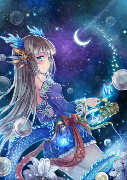 Anime picture 2480x3508 with original ling si single long hair tall image blush fringe highres blue eyes light erotic bare shoulders holding payot looking away sky ass grey hair shiny skin partially submerged magic