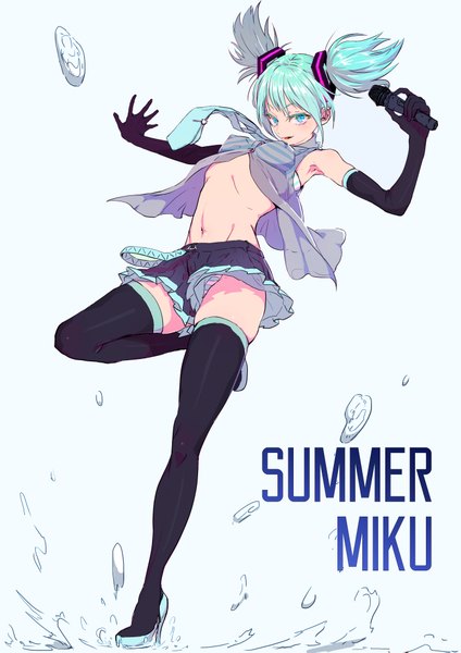 Anime picture 2894x4093 with vocaloid hatsune miku nanase miri single tall image looking at viewer highres short hair blue eyes light erotic twintails bare shoulders aqua hair high heels pantyshot character names short twintails alternate hairstyle alternate hair length girl