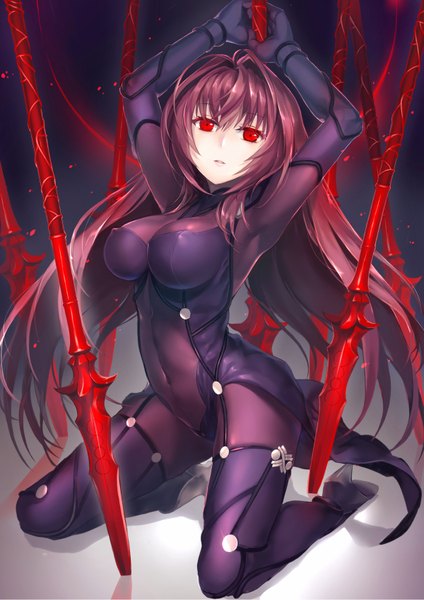 Anime picture 600x849 with fate (series) fate/grand order scathach (fate) (all) scathach (fate) kagachi saku single long hair tall image breasts light erotic red eyes purple hair girl weapon bodysuit spear