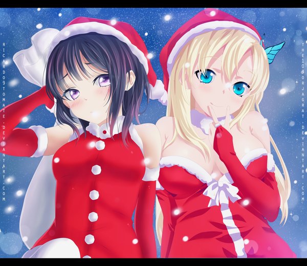 Anime picture 2000x1735 with boku wa tomodachi ga sukunai kashiwazaki sena mikazuki yozora ric9duran the103orjagrat long hair blush highres short hair blue eyes light erotic black hair blonde hair smile bare shoulders multiple girls pink eyes coloring snowing christmas