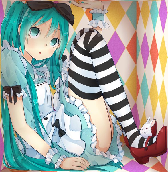 Anime picture 1994x2040 with alice in wonderland vocaloid hatsune miku alice (wonderland) yuki-02 single tall image looking at viewer highres open mouth twintails aqua eyes aqua hair cosplay girl thighhighs dress bow hair bow frills