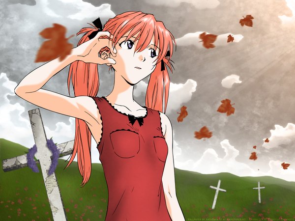 Anime picture 1600x1200 with neon genesis evangelion gainax soryu asuka langley single long hair fringe blue eyes hair between eyes twintails bare shoulders looking away sky cloud (clouds) upper body outdoors parted lips arm up wind orange hair armpit (armpits)