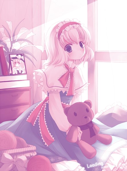 Anime picture 1257x1699 with touhou kirisame marisa alice margatroid loading tall image blush short hair blue eyes blonde hair sitting girl dress flower (flowers) hairband toy stuffed animal mantle teddy bear