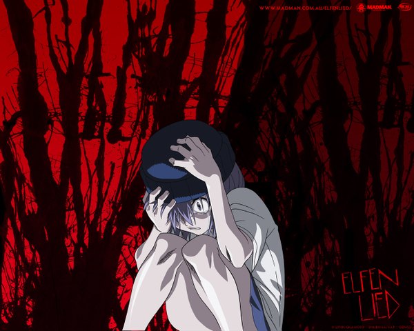 Anime picture 1280x1024 with elfen lied arms corporation lucy single short hair purple eyes signed purple hair inscription red background girl skirt shirt cap