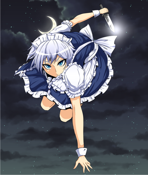 Anime picture 1466x1731 with touhou izayoi sakuya torii5011 tall image short hair blue eyes silver hair cloud (clouds) braid (braids) maid twin braids crescent girl headdress maid headdress knife