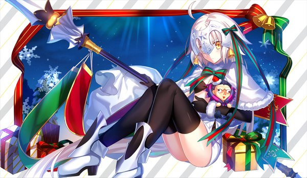 Anime picture 1250x725 with fate (series) fate/grand order jeanne d'arc (fate) (all) jeanne d'arc alter santa lily (fate) fuyuki (neigedhiver) single looking at viewer short hair light erotic wide image sitting yellow eyes white hair girl thighhighs gloves ribbon (ribbons) weapon black thighhighs hair ribbon