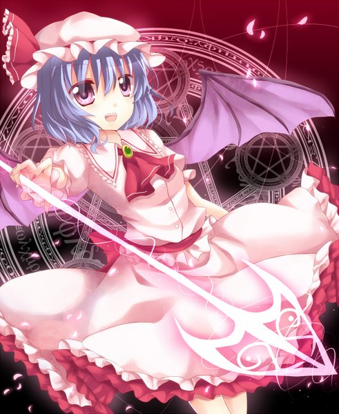 Anime picture 1200x1466 with touhou remilia scarlet ikeda hazuki single tall image short hair open mouth red eyes blue hair magic girl dress petals wings bonnet magic circle spear the gungnir