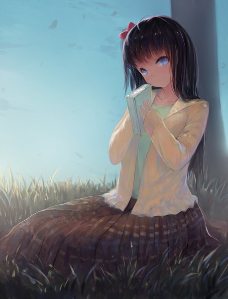 Anime picture 1000x1309 with original kisei2 single long hair tall image looking at viewer fringe blue eyes black hair smile sitting holding sky ahoge outdoors long sleeves head tilt side ponytail girl skirt