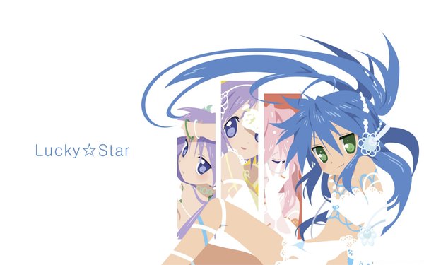 Anime picture 1920x1200 with lucky star kyoto animation izumi konata hiiragi kagami hiiragi tsukasa takara miyuki highres wide image white background girl