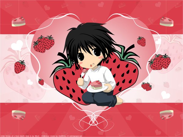 Anime picture 1600x1200 with death note madhouse l (death note) single blush short hair open mouth black hair barefoot black eyes kneeling eating chibi boy food sweets berry (berries) cake strawberry