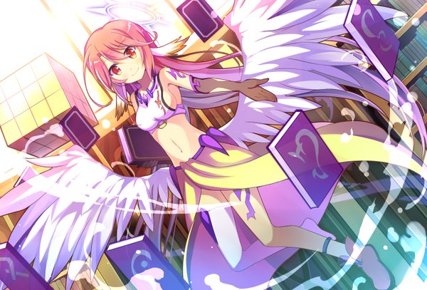 Anime picture 1488x1010 with no game no life madhouse jibril (no game no life) kinoshita neko single long hair looking at viewer blush red eyes pink hair purple hair multicolored hair light smile magic gradient hair flying low wings girl skirt gloves