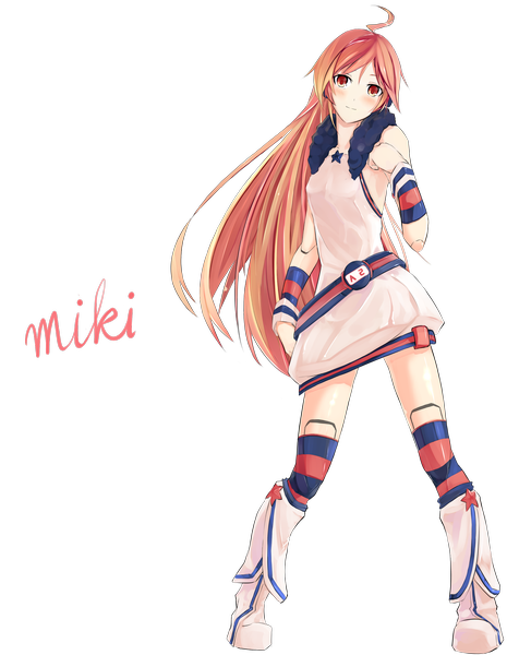 Anime picture 2000x2518 with vocaloid miki (vocaloid) takanashi kei (hitsujikan) single long hair tall image blush highres smile red eyes standing ahoge orange hair transparent background girl thighhighs boots striped thighhighs sundress