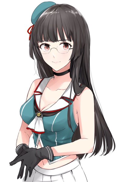 Anime picture 750x1120 with kantai collection choukai heavy cruiser morinaga (harumori) single long hair tall image looking at viewer fringe black hair simple background red eyes white background bare shoulders upper body blunt bangs midriff remodel (kantai collection) fingers together girl gloves