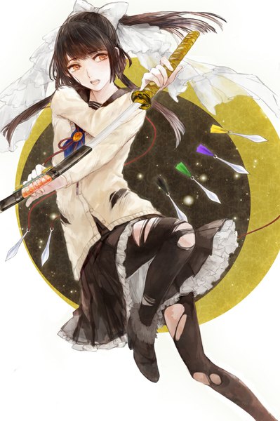 Anime picture 665x1000 with original kumita single long hair tall image open mouth black hair red eyes looking away ponytail torn clothes torn pantyhose girl skirt bow weapon hair bow pantyhose sword katana