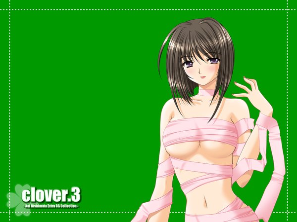 Anime picture 1600x1200 with nishimata aoi single short hair breasts light erotic green background naked ribbon girl ribbon (ribbons) clover (plant)