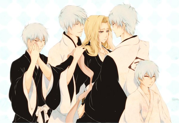 Anime picture 1500x1038 with bleach studio pierrot matsumoto rangiku ichimaru gin eri momo long hair short hair blonde hair simple background white background white hair eyes closed group alternate age multiple persona age progression girl boy yukata