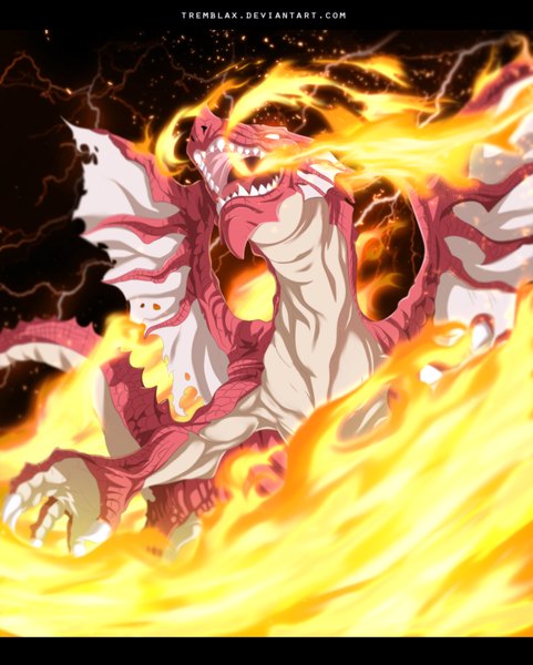 Anime picture 1055x1314 with fairy tail igneel tremblax single tall image open mouth teeth coloring letterboxed sharp teeth blank eyes animal wings fire dragon