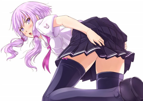 Anime picture 2046x1446 with vocaloid yuzuki yukari kazeno single long hair blush highres open mouth simple background white background purple eyes twintails purple hair low twintails girl thighhighs skirt uniform black thighhighs school uniform