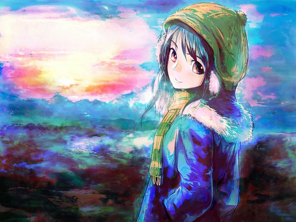 Anime picture 1024x768 with original makarauroko6 single looking back evening sunset hand in pocket scarf coat cap earmuffs