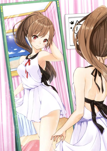 Anime picture 2489x3500 with original minamoto mamechichi single long hair tall image blush highres red eyes brown hair ponytail scan official art reflection girl dress mirror