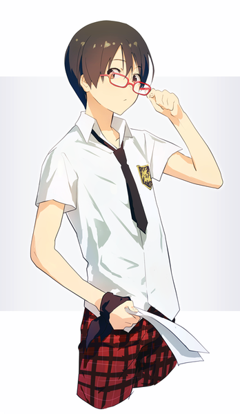 Anime picture 500x860 with idolmaster idolmaster side-m fuyumi jun map (map imas) single tall image looking at viewer fringe short hair black hair simple background hair between eyes standing black eyes adjusting glasses bespectacled boy glasses necktie paper