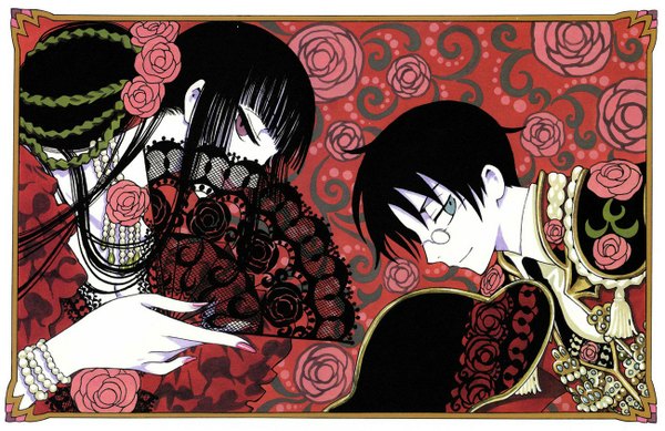 Anime picture 1300x844 with xxxholic clamp ichihara yuuko watanuki kimihiro couple victorian rose (roses) fan