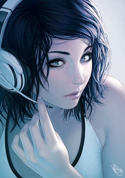Anime picture 600x851 with original warrenlouw single tall image looking at viewer short hair blue eyes black hair lips close-up face girl headphones