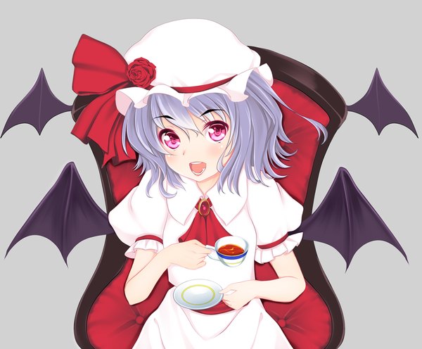 Anime picture 1200x992 with touhou remilia scarlet kiyomin single looking at viewer blush short hair open mouth silver hair pink eyes girl dress wings cup