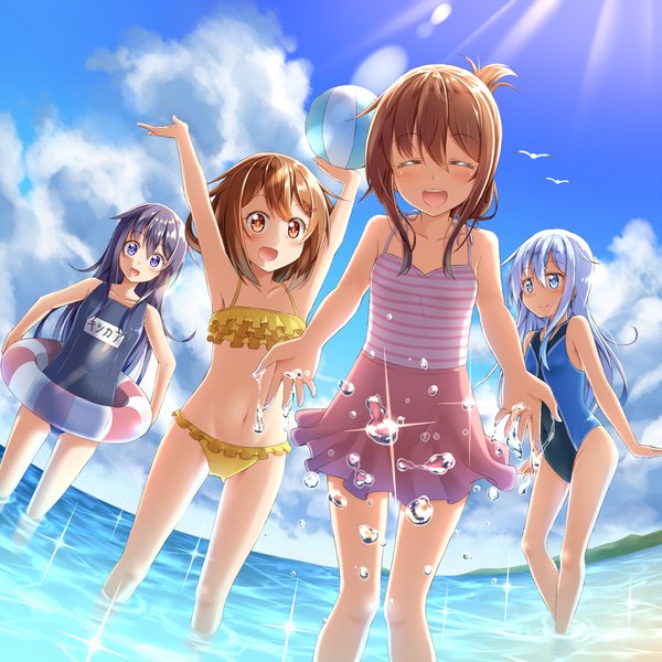 Anime picture 1500x1500 with kantai collection hibiki destroyer akatsuki destroyer inazuma destroyer ikazuchi destroyer gurande (g-size) long hair looking at viewer blush fringe short hair breasts open mouth blue eyes light erotic hair between eyes brown hair purple eyes multiple girls brown eyes