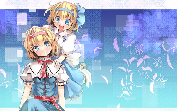 Anime picture 1920x1200 with touhou alice margatroid culter blush highres short hair open mouth blue eyes blonde hair smile sitting multiple girls head tilt :d short sleeves wallpaper puffy sleeves dual persona hand on another's shoulder hand on another's head