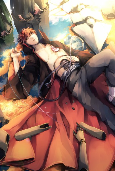 Anime picture 900x1332 with naruto studio pierrot naruto (series) sasori mst single tall image short hair holding yellow eyes sky cloud (clouds) bent knee (knees) red hair lying light smile nude open jacket reflection leg lift (legs lift)
