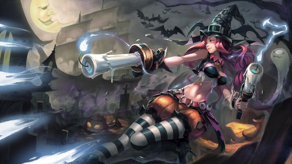 Anime picture 1920x1080 with league of legends miss fortune (league of legends) iorlvm long hair highres breasts wide image bare shoulders looking away pink hair bare belly drill hair halloween bat wings head wings ghost girl hat animal wings