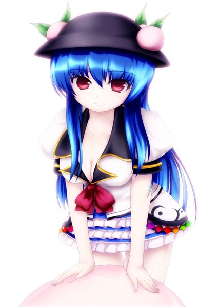 Anime picture 1260x1780 with touhou hinanawi tenshi abchipika single long hair tall image looking at viewer red eyes white background blue hair girl dress hat peach