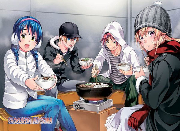 Anime picture 1600x1169 with shokugeki no soma j.c. staff nakiri erina tadokoro megumi yukihira souma takumi aldini saeki shun long hair looking at viewer blush fringe short hair open mouth blue eyes blonde hair hair between eyes sitting multiple girls holding yellow eyes