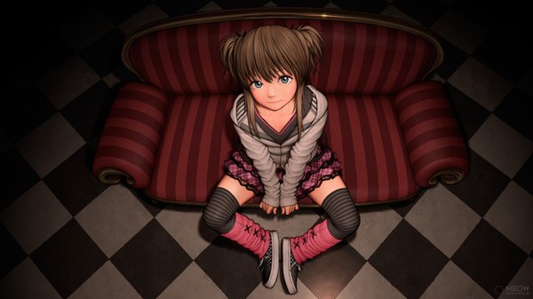 Anime picture 3840x2160 with original rustle single long hair looking at viewer highres brown hair wide image absurdres black eyes girl thighhighs skirt striped thighhighs couch