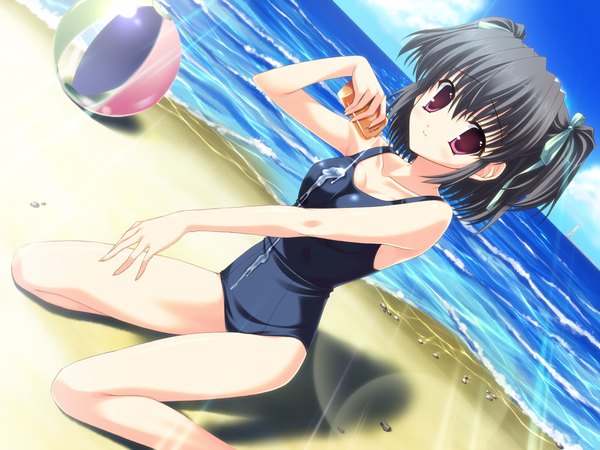 Anime picture 1600x1200 with clear yukino natsuki single looking at viewer short hair light erotic black hair red eyes game cg two side up beach girl ribbon (ribbons) swimsuit hair ribbon sea one-piece swimsuit ball school swimsuit beachball