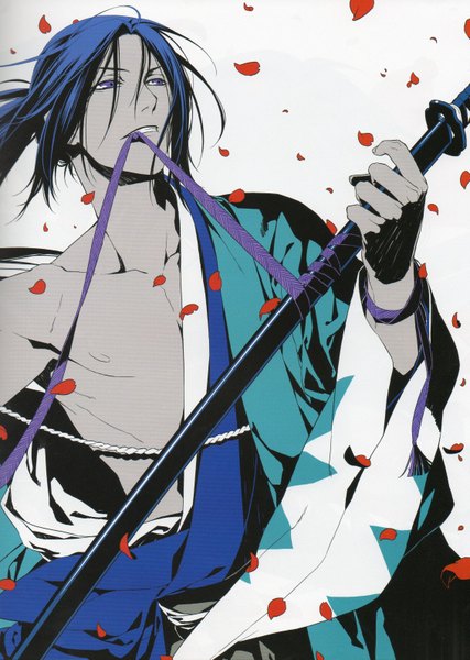 Anime picture 2261x3174 with hakuouki shinsengumi kitan studio deen hijikata toshizou (hakuouki) single long hair tall image highres simple background white background blue hair traditional clothes mouth hold alternate color shinsengumi boy weapon petals sword katana