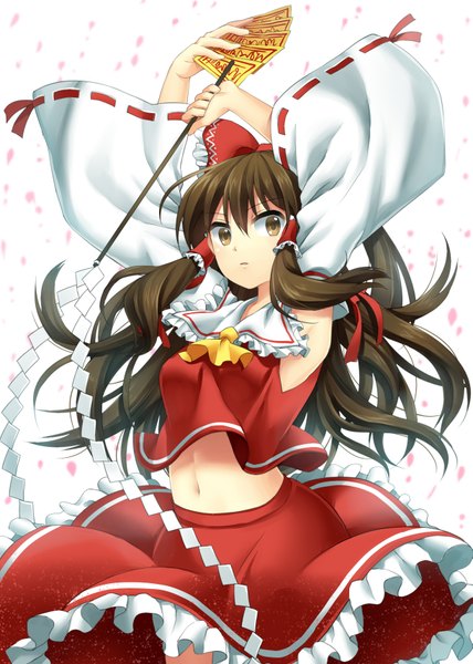 Anime picture 1223x1714 with touhou hakurei reimu jenevan single long hair tall image looking at viewer simple background brown hair white background brown eyes traditional clothes miko girl skirt navel bow hair bow detached sleeves petals