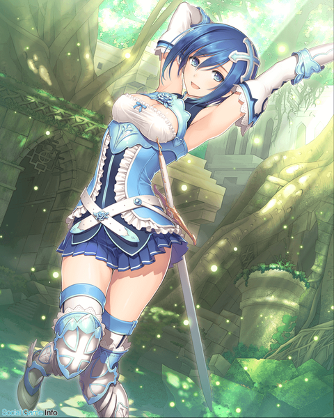 Anime picture 768x960 with hortensia saga tony taka single tall image looking at viewer fringe short hair breasts open mouth blue eyes smile hair between eyes standing blue hair cleavage bent knee (knees) outdoors pleated skirt sunlight arms up