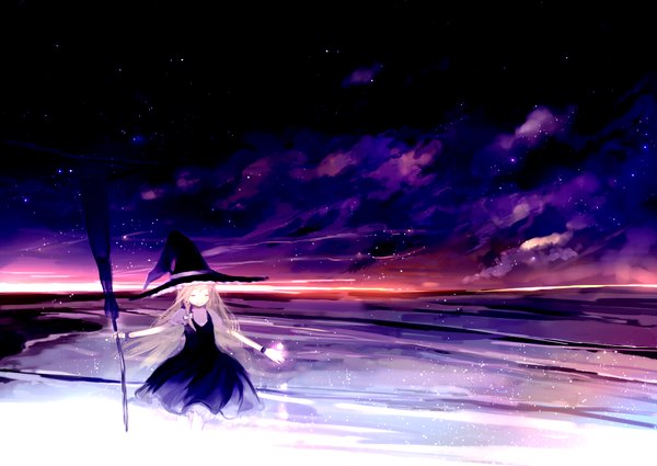 Anime picture 1280x907 with touhou kirisame marisa ume (plumblossom) single long hair blonde hair sky cloud (clouds) braid (braids) eyes closed glowing spread arms scenic girl dress hat witch hat broom