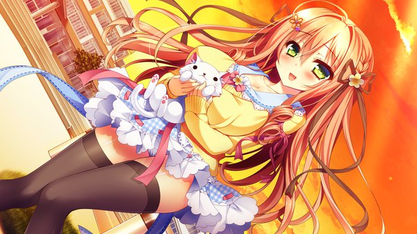 Anime picture 2240x1260 with koi wa yumemiru mouretsu girl! nekojou erika nae-nae single long hair looking at viewer blush fringe highres breasts open mouth light erotic blonde hair hair between eyes wide image large breasts standing holding green eyes game cg