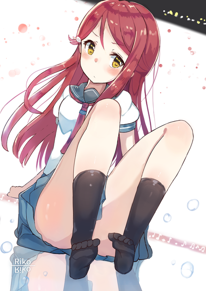 Anime picture 2150x3035 with love live! sunshine!! sunrise (studio) love live! sakurauchi riko kogalashi single long hair tall image blush fringe highres light erotic sitting yellow eyes full body red hair arm support no shoes reflection girl