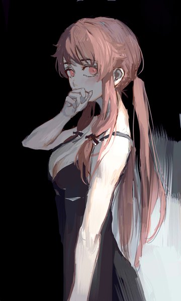 Anime picture 2105x3507 with mirai nikki gasai yuno hunter.g single long hair tall image looking at viewer blush fringe highres breasts light erotic simple background hair between eyes large breasts standing twintails bare shoulders pink hair cleavage