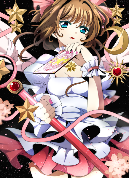 Anime picture 2132x2936 with card captor sakura clamp kinomoto sakura fumiko (miruyuana) single tall image looking at viewer highres short hair breasts open mouth blue eyes smile brown hair absurdres cleavage nail polish short sleeves puffy sleeves crescent
