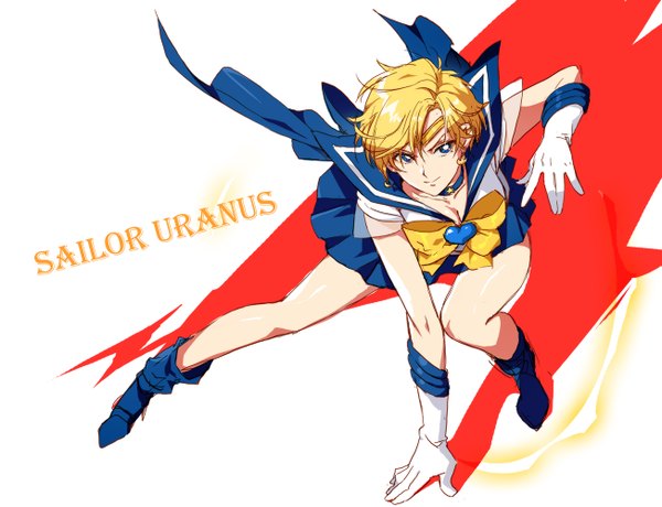 Anime picture 1304x1000 with bishoujo senshi sailor moon toei animation tenou haruka sailor uranus meer rowe single short hair blue eyes blonde hair smile white background looking away character names fighting stance girl gloves earrings elbow gloves boots white gloves