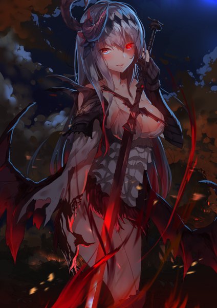 Anime picture 3541x5016 with shingeki no bahamut shadowverse dark jeanne yueqin (monnpiano) single long hair tall image looking at viewer blush highres breasts light erotic red eyes large breasts standing absurdres cloud (clouds) outdoors horn (horns) light smile