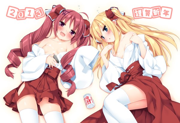 Anime picture 2122x1461 with original shimotsuki potofu hazuki watora peko long hair blush highres breasts open mouth blue eyes light erotic blonde hair red eyes twintails multiple girls red hair traditional clothes drill hair lolicon miko