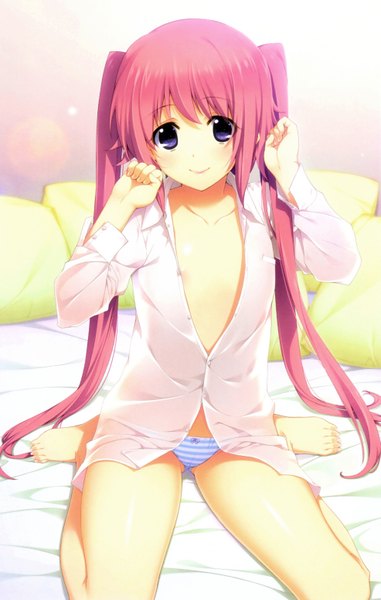 Anime picture 3939x6192 with lovely x cation 2 hibiki works nirasaki hinata iizuki tasuku single long hair tall image looking at viewer highres light erotic smile purple eyes twintails pink hair absurdres scan open clothes open shirt girl underwear