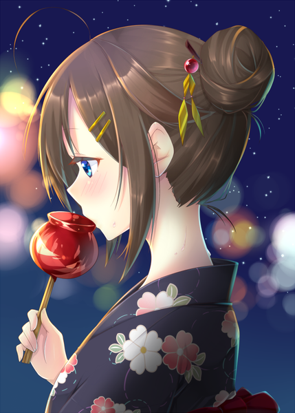 Anime picture 647x905 with kantai collection shigure destroyer joujou single long hair tall image blush fringe blue eyes hair between eyes brown hair holding payot looking away upper body ahoge traditional clothes japanese clothes profile hair bun (hair buns)